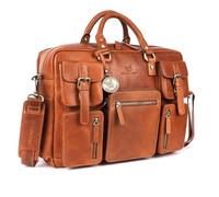 DE LAMASSU Dorian Sacoche en cuir pour ordinateur portable jusqu'à 17" avec sangle à roulettes, 5 poches extérieures, côtés extensibles, emballage cadeau de luxe, cognac