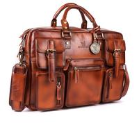 DE LAMASSU Dorian Sacoche en cuir pour ordinateur portable jusqu'à 17" avec sangle à roulettes, 5 poches extérieures, côtés extensibles, emballage cadeau de luxe, marron clair