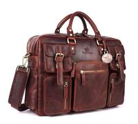 DE LAMASSU Dorian Sacoche en cuir pour ordinateur portable jusqu'à 17" avec sangle à roulettes, 5 poches extérieures, côtés extensibles, emballage cadeau de luxe, marron