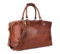 DE LAMASSU Rafael Sac de voyage en cuir véritable - Unisexe Weekender 50 × 35 × 28 cm - Bandoulière réglable, extensible grâce aux boucles latérales, pieds de protection, boîte cadeau, Cognac foncé