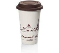 De'Longhi Mug de voyage isotherme en céramique à double paroi + couvercle en silicone, 300 ml, thème globetrotter