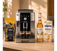 DE‘LONGHI Magnifica ECAM250.23 Machine à Expresso Entièrement Automatique avec Broyeur Argent + LAVAZZA Tales of ROMA Café en Grains 450 g + MONIN Sirop Saveur Noix de Macadamia 700 ml + Alpro Barista
