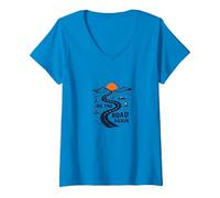 De Nouveau sur la Route : Voyage aventureux sur Une autoroute dans Le désert T-Shirt avec Col en V, Femme, Saphir, M