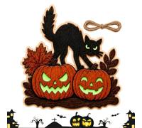 de porte d'Halloween lumineuse en bois avec chat noir et