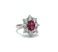 De Santis Bague pour femme style marguerite en argent 925 rhodié avec zircon ovale effet rubis et contour de zircons blancs brillants, bijou élégant à taille réglable