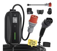 dé Station de charge mobile 11 kW [3 phases|5 m|6-16 A] avec puissance de charge réglable, câble de charge CEE 16A vers type 2 et chargeur EV pour modèles Y/3, ID.3/4/5, MG4, EX30, e-up, e-tron, Zoe