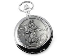 De Walden Montre gousset St Christophe en étain avec chaîne et boîte cadeau pour garçon Cadeau de baptême pour garçons filleul petit-fils, Argenté., Classique