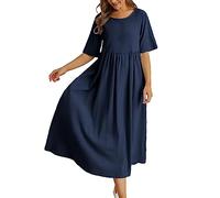 DeaAmyGline Robe Mi-Longue Ample en Coton Et Lin À Col Rond Et Manches À Cinq Points Robe Longue Grande Taille Robe De Cocktail Grande Taille Chemise Robe Femme