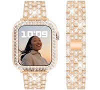 DEALELE Bracelet compatible avec iWatch 41 mm 45 mm, bracelet en métal avec strass et coque de protection de rechange pour Apple Watch Series 8/7 pour homme et femme, or rose, 45 mm