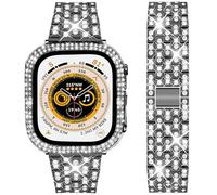 DEALELE Bracelet compatible avec iWatch Ultra 49 mm, bracelet en métal avec strass brillants avec coque de protection de rechange pour Apple Watch Ultra 49 mm Series 8 pour homme et femme, noir, 49 mm