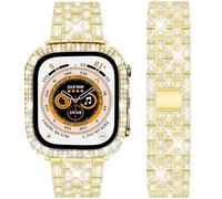 DEALELE Bracelet compatible avec iWatch Ultra 49 mm, bracelet en métal avec strass brillants avec coque de protection de rechange pour Apple Watch Ultra 49 mm Series 8 pour homme et femme, doré, 49 mm
