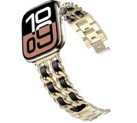 DEALELE Bracelets compatibles avec Apple Watch 42 mm, 41 mm, 40 mm, 38 mm, bracelet de rechange en acier avec chaîne en cuir pour iWatch Series 10/9/8/7/6/5/4/3/SE/Ultra, pour homme et femme, doré