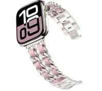 DEALELE Bracelets compatibles avec Apple Watch 42 mm, 41 mm, 40 mm, 38 mm, bracelet de rechange en acier avec chaîne en cuir pour iWatch Series 10/9/8/7/6/5/4/3/SE/Ultra, rose clair