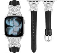 DEALELE Bracelets compatibles avec Apple Watch 42 mm, 41 mm, 40 mm, 38 mm - Bracelet en cuir avec fleur diamant pour iWatch 11/10/9/8/7/6/5/4/3/SE pour homme et femme, noir/argenté