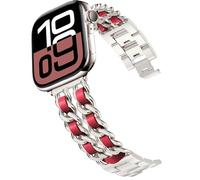 DEALELE Bracelets compatibles avec Apple Watch 49 mm, 46 mm, 45 mm, 44 mm, 42 mm, bracelet de rechange en acier avec chaîne en cuir pour iWatch Series 10/9/8/7/6/5/4/3/SE/Ultra, Starlight red
