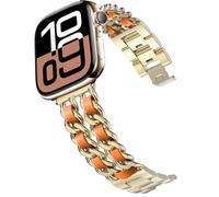 DEALELE Bracelets compatibles avec Apple Watch 49 mm, 46 mm, 45 mm, 44 mm, 42 mm, bracelet de rechange en acier avec chaîne en cuir pour iWatch Series 10/9/8/7/6/5/4/3/SE/Ultra, doré-orange