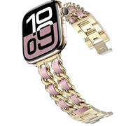 DEALELE Bracelets compatibles avec Apple Watch 49 mm, 46 mm, 45 mm, 44 mm, 42 mm, bracelet de rechange en acier avec chaîne en cuir pour iWatch Series 10/9/8/7/6/5/4/3/SE/Ultra, doré/rose