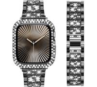 DEALELE Bracelets compatibles avec iWatch 40 mm 44 mm, bracelet en métal diamant strass avec coque de protection de rechange pour Apple Watch Series 6/5/4/SE pour homme et femme (44 mm, noir)