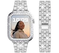 DEALELE Bracelet compatible avec iWatch 40 mm, 44 mm, 41 mm, 45 mm, bracelet en métal strass brillants avec coque de protection de rechange pour Apple Watch Series 8/7/6/5/4/SE pour homme et femme,