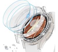 DEALELE Lot de 1 + 3 coques en verre trempé compatibles avec Samsung Galaxy Watch 7 de 44 mm, double rangée de diamants en polycarbonate avec protection d'écran en verre trempé ultra fin 9H