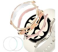 DEALELE Lot de 2 + 2 coques en verre trempé compatibles avec Samsung Galaxy Watch 6 de 44 mm, diamant brillant + coque de protection en polycarbonate mat + protecteur d'écran en verre trempé, or rose