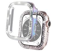 DEALELE Lot de 2 coques compatibles avec iWatch de 41 mm, 45 mm, coque de protection brillante à 2 rangées, strass pour Apple Watch Series 8/7 pour homme et femme (41 mm, arc-en-ciel + transparent)