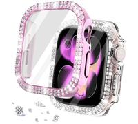 DEALELE Lot de 2 coques en verre trempé compatibles avec Apple Watch Series 10 (42 mm), coque de protection diamant à double rangée de diamants avec protecteur d'écran (42 mm, rose + transparent)