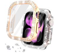 DEALELE Lot de 2 coques en verre trempé compatibles avec Apple Watch Series 10 (42 mm), coque de protection à double rangée de diamants avec protecteur d'écran (42 mm, or rose + transparent)