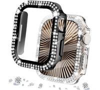 DEALELE Lot de 2 coques en verre trempé compatibles avec Apple Watch Series 10 (42 mm), coque de protection diamant à double rangée de diamants avec protecteur d'écran (42 mm, noir + transparent)