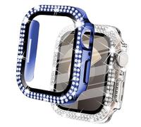 DEALELE Lot de 2 coques en verre trempé compatibles avec Apple Watch Series 6/5/4/SE (44 mm), coque de protection diamant à double rangée de diamants avec protecteur d'écran (44 mm, bleu +