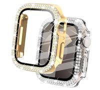 DEALELE Lot de 2 coques en verre trempé compatibles avec Apple Watch Series 6/5/4/SE (44 mm), coque de protection diamant à double rangée de diamants avec protecteur d'écran (44 mm, doré +