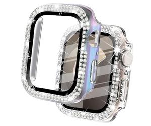 DEALELE Lot de 2 coques en verre trempé compatibles avec Apple Watch Series 6/5/4/SE (44 mm), coque de protection diamant à double rangée de diamants avec protecteur d'écran (44 mm, arc-en-ciel +