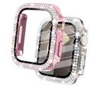 DEALELE Lot de 2 coques en verre trempé compatibles avec Apple Watch Series 9/8/7 (41 mm), coque de protection diamant à double rangée de diamants avec protecteur d'écran (41 mm, rose + transparent)
