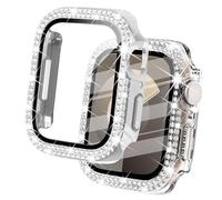 DEALELE Lot de 2 coques en verre trempé compatibles avec Apple Watch Series 9/8/7 (45 mm), coque de protection diamant à double rangée de diamants avec protecteur d'écran (45 mm, argenté +