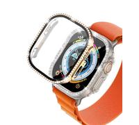 DEALELE Lot de 2 coques en verre trempé compatibles avec Apple Watch Series Ultra 2/Ultra (49 mm), coque de protection diamant à une rangée de diamants avec protecteur d'écran (49 mm, or rose +