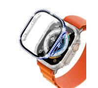 DEALELE Lot de 2 coques en verre trempé compatibles avec Apple Watch Ultra 3/2/1 (49 mm), coque de protection diamant à une rangée de diamants avec protecteur d'écran en verre trempé (bleu +