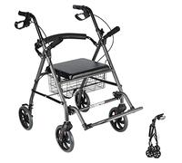 Déambulateur à 4 roues/chaise de transport - Déambulateur pliable avec siège et roues de 8'' - Déambulateur roulant pour vertical avec double frein/hauteur réglable/panier en métal