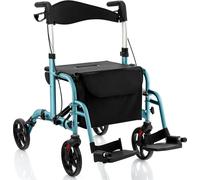 Déambulateur COSTWAY pliable et léger avec siège, 2 en 1 fauteuil roulant & déambulateur de voyage, aide à la marche réglable en hauteur sur 6 positions, déambulateur avec sac et 2 freins, alu (bleu)