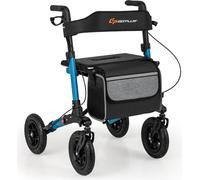 Déambulateur pliable COSTWAY, fauteuil roulant 2en1 & déambulateur de voyage avec siège, pneus gonflables, sac et porte-canne, aide à la marche réglable en hauteur jusqu'à 140kg bleu