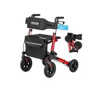 VEVOR Déambulateur 4 Roues Rollator 4 Roues Pliable en 3 Parties pour Personnes Âgées Seniors 136 kg, avec Poignée Réglable, Cadre Alliage Alu, Roulettes Pleines PU, Porte-gobelet, Porte-canne, Rouge