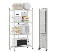 DEANIC Étagères de Rangement Pliantes en métal à 4 Niveaux pour Rangement - 61 x 116 x 28 cm - Étagères d'angle à roulettes pour Cuisine, Garde-Manger, bibliothèque pour Salon - Gris