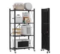 DEANIC Étagères de Rangement Pliantes en métal à 4 Niveaux pour Rangement - 61 x 116 x 28 cm - Étagères d'angle à roulettes pour Cuisine, Garde-Manger, bibliothèque pour Salon - Noir