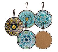 DEANKEJI 4 Pièces Dessous de Plat Ceramique, Céramique Ronde sous Plat de Table, Base en Bois Massif Set de Table Rondpeut Être Utilisé comme Couvercle de Protection pour Cuisinière à Gaz