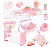 deAO 16 Pcs Ensemble de Jeu de Poupée Bébé, Pliable Et Transportable | Nursery Poupée Accessoires avec Poupée 31cm Chaise Haute Lit Poupon Sac et Bébé Alimentation, Kit Jeu de Rôle Cadeaux Filles