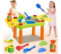 deAO 2-en-1 Table Sable et Eau pour Enfants - Grande Table d'Activité Sensorielle Extérieur avec Double Compartiment, couvercles et 10 Pièces,Jeu d'Été Cour/Plage/Jouet d'Extérieur