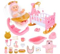 deAO 21 Pcs Ensemble Poupée et Accessoires - 30cm Poupée, Lit, Transat Réglable, Baignoire pour Bébé, Biberon Pot et Accessoires Alimentation, Jeu de Rôle Jouet Fille Enfant 3 4 5 6 Ans Cadeau