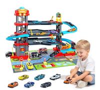 deAO 4 Etages Garage pour Enfants avec Lumière Son et 6 Voitures, Bleu | Parking pour Les Enfants avec Ascenseur, Piste de Course et Service et Carte, Jouet Garage Voiture Cadeaux pour Enfants 3+Ans