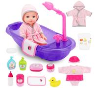 deAO Baignoire Bain Poupee avec 30cm Poupon 2 Tenues et Accessoires De Bain