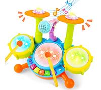 deAO Batterie Jouet Bébé, Tambour Enfant avec Maillets, 18 Musiques & Micro Réel, Effets Sonores et Lumineux Faisant de ce Kit Batterie Enfant Instrument, Instrument de Musique Bébé