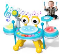 deAO Batterie Jouet Bébé, Tambour Enfant avec Maillets & Micro Réel, Effets Sonores et Lumineux Faisant de ce Instrument de Musique Enfant, Jouet Musical Bébé Fille Garçon | Bleu